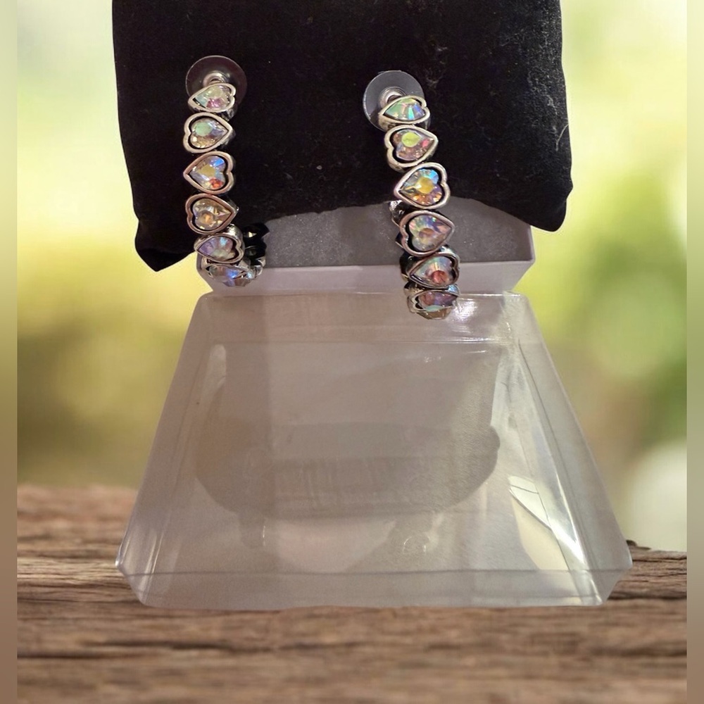 NWT Alice From Dallas, Crystal Heart Hoop Earrings in AB Crystal. - Picture 2 of 6
